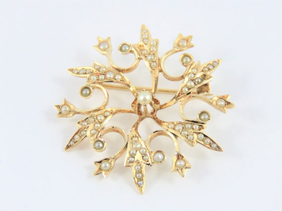14KT Yellow Gold  Seed Pearl Brooch - image 1