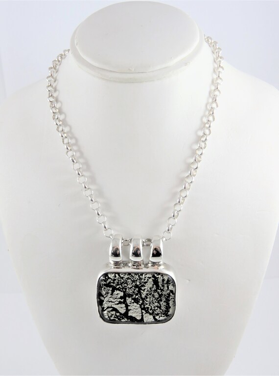 Sterling Silver Rectangular Black And Silver Pend… - image 2