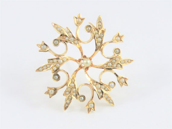 14KT Yellow Gold  Seed Pearl Brooch - image 3