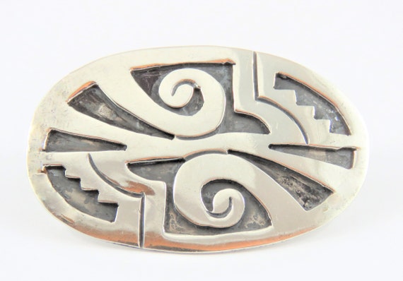 Sterling Silver Mexican Over Lay Oval Brooch - image 1
