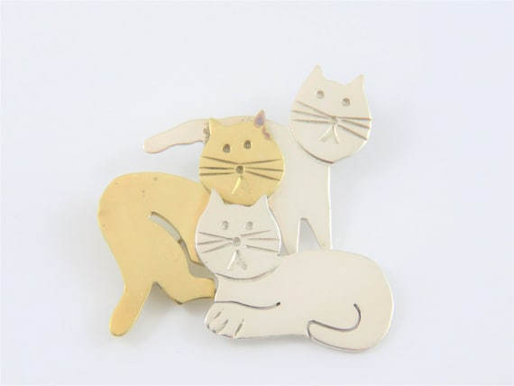 Sterling Silver Mexican Two Tone Cat Brooch - image 1