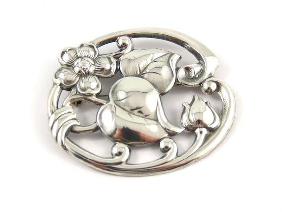 Sterling Silver Oval Floral Brooch - image 1