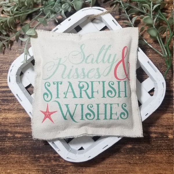 Mini 5"x5" Farmhouse Pillow for Tiered Tray~Salty Kisses & STARFISH Wishes Pillow~Summer Tiered Tray~Beach Tiered Tray