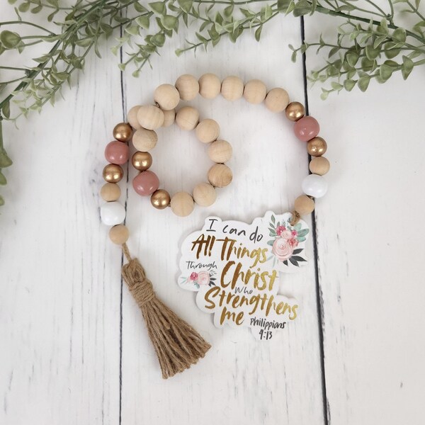 FARMHOUSE Wooden BEAD Garland with Tassel and Scripture Tag~Spring Decor~Easter~Garden~Country Decor~Rustic Farmhouse Decor~Wood Beads