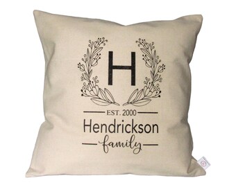 FARMHOUSE Pillow Cover 18X18~Personalized Wreath with Name & Established Date~Canvas~Rustic~Throw Pillow