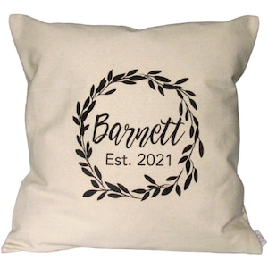 FARMHOUSE Pillow Cover 18X18~Wreath w/Personalized FAMILY NAME/Date~Canvas~Handmade~Wedding~Anniversary Gift~Throw Pillow