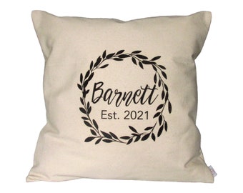 FARMHOUSE Pillow Cover 18X18~Wreath w/Personalized FAMILY NAME/Date~Canvas~Handmade~Wedding~Anniversary Gift~Throw Pillow