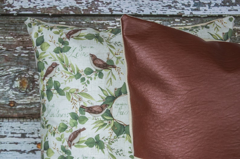 FARMHOUSE Pillow Covers 18X18~Set of 2~Faux Brown LeatherBIRD Print~Spring~Garden~Canvas~Throw Pillow