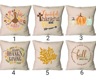 Fall Pillow Covers~Fall Pumpkin Throw Pillow~Thanksgiving Throw Pillow~Grateful Thankful & Blessed Pillow Cover~Turkey Pillow Cover