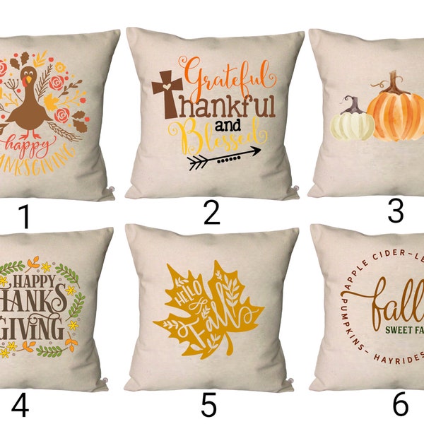 Fall Pillow Covers~Fall Pumpkin Throw Pillow~Thanksgiving Throw Pillow~Grateful Thankful & Blessed Pillow Cover~Turkey Pillow Cover