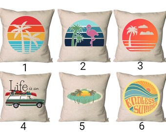 Vintage Sommer Kissenhülle ~ Flamingo Kissen ~ Sommer Dekokissen ~ Sonnenschein Palmen Kissenhülle ~ Endlos Sommer Kissenbezug