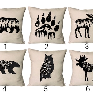 Cabin Lodge Pillow Covers~Winter Throw Pillow Cover~Moose, Bear, Owl Pillow Covers~Cabin Decor~Wildlife Pillow Cover~Mountain Decor