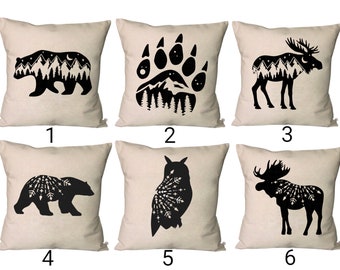 Cabin Lodge Pillow Covers~Winter Throw Pillow Cover~Moose, Bear, Owl Pillow Covers~Cabin Decor~Wildlife Pillow Cover~Mountain Decor