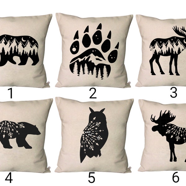 Cabin Lodge Pillow Covers~Winter Throw Pillow Cover~Moose, Bear, Owl Pillow Covers~Cabin Decor~Wildlife Pillow Cover~Mountain Decor