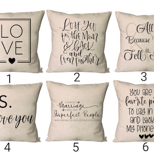Amor y matrimonio Almohadas ~ Fundas de almohadas de boda ~ Te amo hasta la luna y las almohadas de tiro trasero ~ Regalo de boda ~ Todo porque nos enamoramos