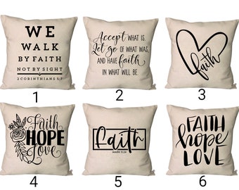 Faith Pillows~Faith Hope Love Pillow Covers~ScriptureThrow Pillows~Walk By Faith Pillow~Bible Verse Decor~Scripture Pillow