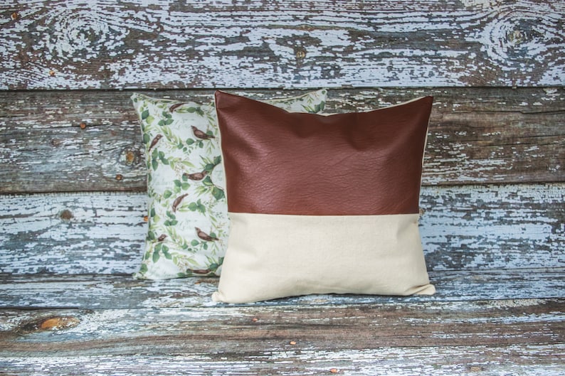 FARMHOUSE Pillow Covers 18X18~Set of 2~Faux Brown LeatherBIRD Print~Spring~Garden~Canvas~Throw Pillow