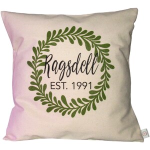 FARMHOUSE Pillow Cover 18X18~Wreath w/Personalized FAMILY NAME & Date~Canvas~Handmade~Wedding~Anniversary Gift~Throw Pillow