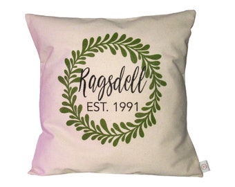 FARMHOUSE Pillow Cover 18X18~Wreath w/Personalized FAMILY NAME & Date~Canvas~Handmade~Wedding~Anniversary Gift~Throw Pillow