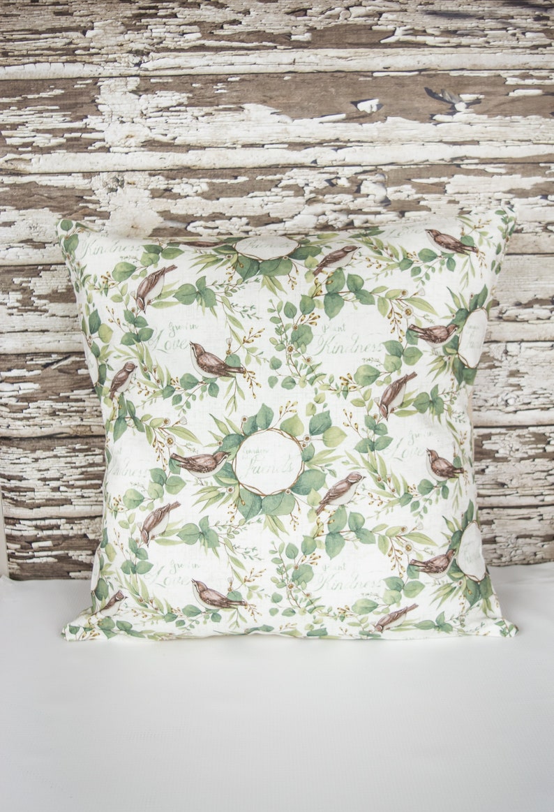 FARMHOUSE Pillow Covers 18X18~Set of 2~Faux Brown LeatherBIRD Print~Spring~Garden~Canvas~Throw Pillow