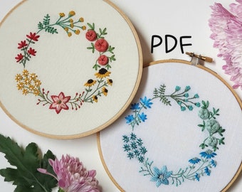 Winter Wreath Embroidery Pattern, Hand Embroidery Tutorial, DIY Instant Download PDF, Winter and Summer Colors