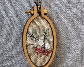 Embroidered necklace flower pendant. Floral motif oval necklace in muted tones.  Hand embroidered flower necklace set in mini embroidery hoo