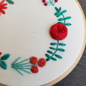 以下が含まれることがあります： 手縫いの刺繍枠のアップで、花柄のデザインが施されています。デザインは、白い布地に赤い花と緑の葉が描かれています。