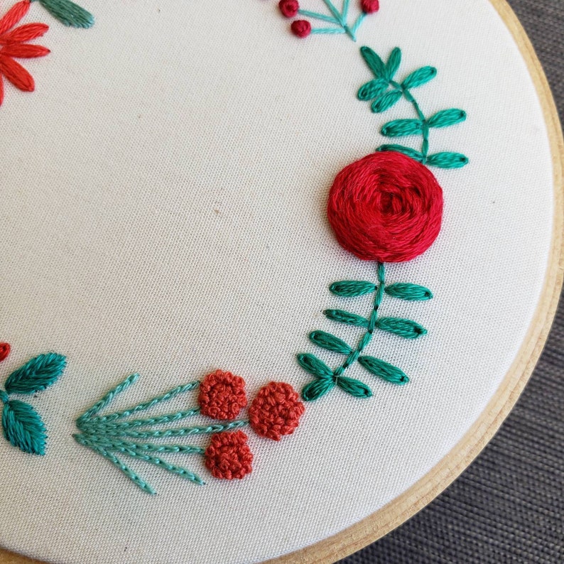 Holiday Wreath Hand Embroidery Pattern PDF, Hand Embroidered Flowers, Christmas DIY Art, Winter Colors, Instant Download PDF, Home Decor image 2