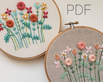 Flower Embroidery Pattern,  Colorful Floral Embroidery Tutorial, DIY Instant Download PDF, Hand Embroidery Pattern, Hand Embroidered Flowers