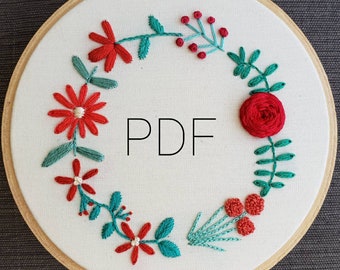 Holiday Wreath Hand Embroidery Pattern PDF, Hand Embroidered Flowers, Christmas DIY Art, Winter Colors, Instant Download PDF, Home Decor