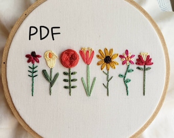 Flower Embroidery Pattern, Coneflower, Calla Lily, Rose, Tulip, Sunflower, Columbine, Lily, Embroidery Tutorial, DIY Instant Download PDF