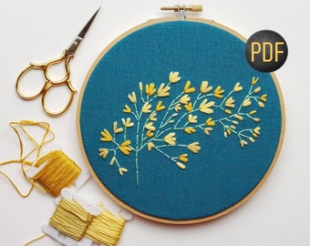 Embroider Flowers Pattern, Hand Embroidered Flowering Tree Branch, Gold and Teal, Instant Download PDF, Baby Girl Nursery Decor, DIY