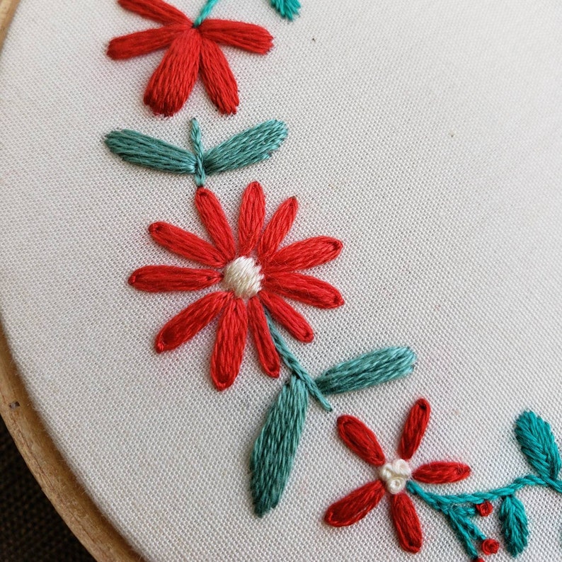 以下が含まれることがあります： 手縫いの刺繍枠のアップで、花柄のデザインが施されています。デザインは、白い中心を持つ赤い花と、ターコイズグリーンの葉で構成されています。
