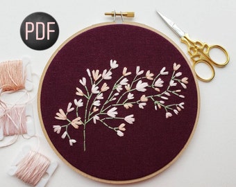 Beginner Embroidery Pattern, Pink Flowers, Hand Embroidery Tutorial, DIY Instant Download PDF, Spring Blossoms, 4 color schemes