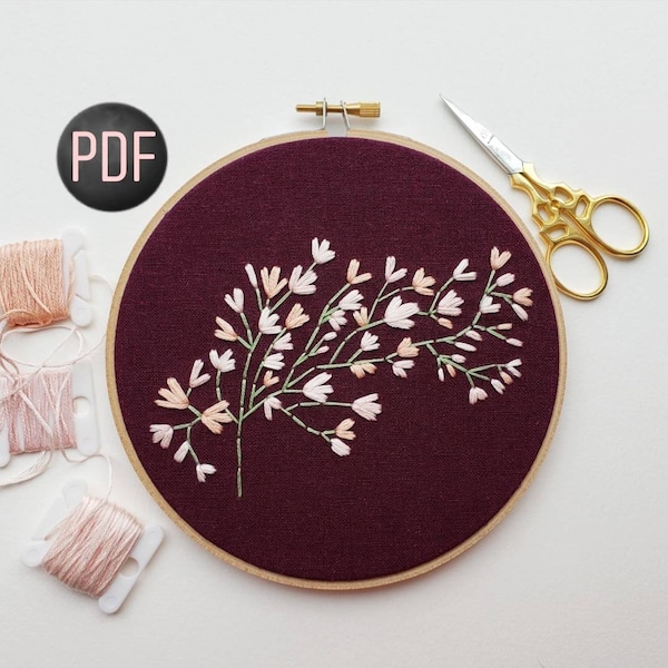 Beginner Embroidery Pattern, Pink Flowers, Hand Embroidery Tutorial, DIY Instant Download PDF, Spring Blossoms, 4 color schemes