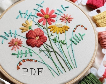DIY Hand Embroidery Pattern PDF, Hand Embroidered Flower Garden, Colorful Flowers, Summer Colors, Instant Download PDF, Nursery Decor