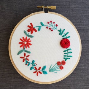 Holiday Wreath Hand Embroidery Pattern PDF, Hand Embroidered Flowers, Christmas DIY Art, Winter Colors, Instant Download PDF, Home Decor image 5