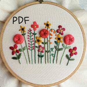 DIY Hand Embroidery Pattern PDF, Hand Embroidered Flower Garden, Roses and Sunflowers, Summer Colors, Instant Download PDF, Nursery Decor afbeelding 1