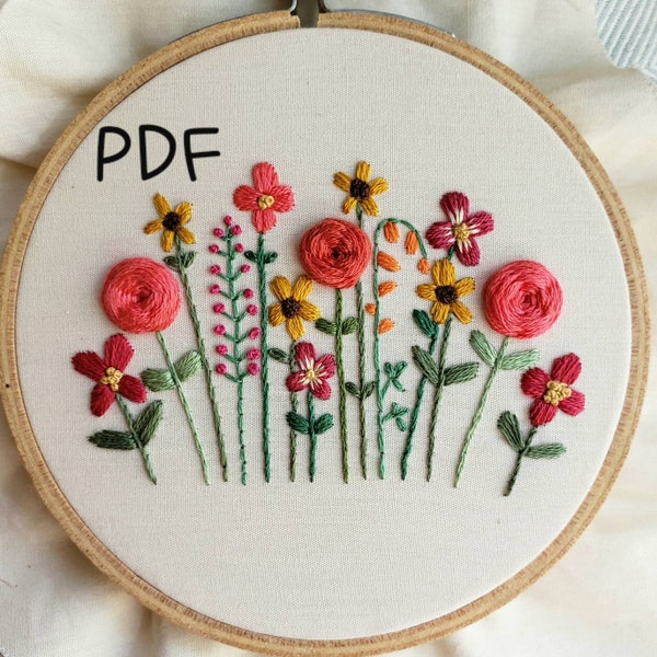 DIY Hand Embroidery Pattern PDF, Hand Embroidered Flower Garden, Roses and Sunflowers, Summer Colors, Instant Download PDF, Nursery Decor