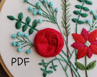 Winter Bouquet Hand Embroidery Pattern PDF, Hand Embroidered Flowers, Rose and Poinsettia, Winter Colors, Christmas Home Decor, Download PDF