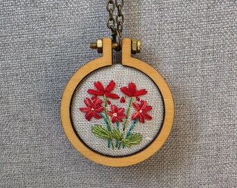 Floral Mini Hoop Necklace. Hand Embroidery. Jewelry. Flower Embroidery. Wearable Art. Pendant. Gift for Her. Hoop Art. Impressionist art.