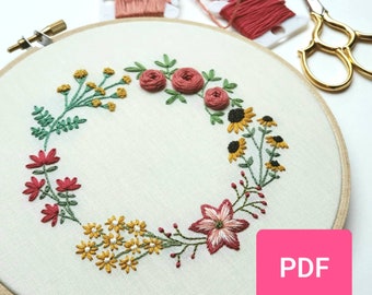 DIY Hand Embroidery Pattern PDF, Hand Embroidered Flower Garland, Winter and Summer Colors, Instant Download PDF, Baby Girl Nursery Decor