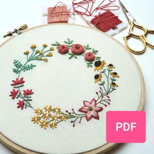 DIY Hand Embroidery Pattern PDF, Hand Embroidered Flower Garland, Winter and Summer Colors, Instant Download PDF, Baby Girl Nursery Decor