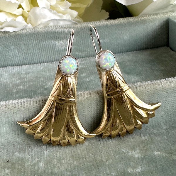 Art Deco Egyptian Revival Papyrus Lotus flower mixed metal statement earrings with Kyocera opals