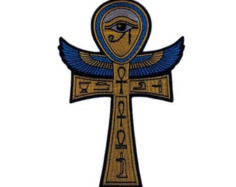 Egyptian cross Ankh symbol with the Eye of Horus embroidered iron-on patch large keyboard life amulet