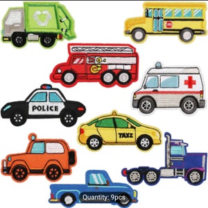 May include: Nine embroidered iron-on patches featuring different vehicles, including a school bus, a fire truck, a police car, a garbage truck, an ambulance, a taxi, a pickup truck, a semi-truck, and a jeep.  Quantity: 9pcs
