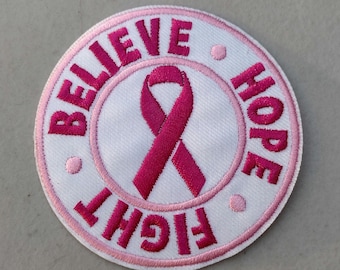 Pink ribbon breast cancer awareness hope fight believe embroidered iron-on patch