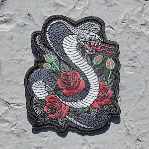 Cobra Snake n Roses serpent embroidered iron-on patch clothing sticker fabric patches