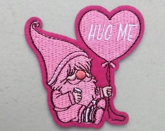 Hug me Garden Gnome love anniversary Valentine's Day pink heart embroidered iron-on patch