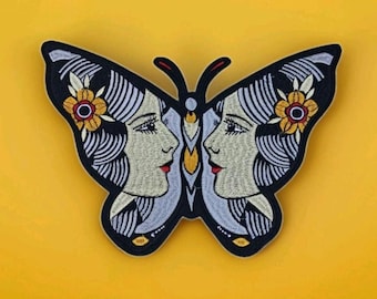 Butterfly with faces free-spirited large Embroidered Iron On patch